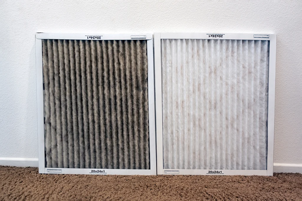 Clean and dirty HVAC air filters showing how buildup affects airflow, efficiency, and overall air filter MERV rating performance.
