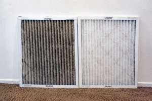 Clean and dirty HVAC air filters showing how buildup affects airflow, efficiency, and overall air filter MERV rating performance.