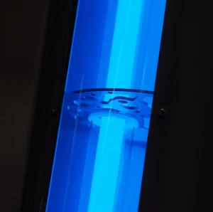 Close-up of UV-C light used in HVAC system to kill mold and improve indoor air quality.