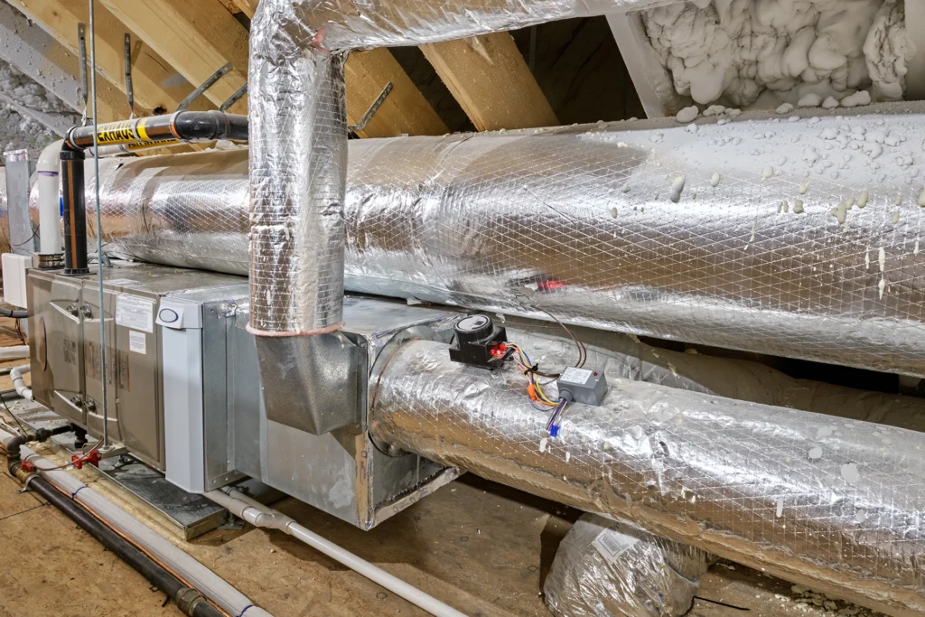 Residential air handler and insulated ductwork where HVAC UV air purification systems are installed.