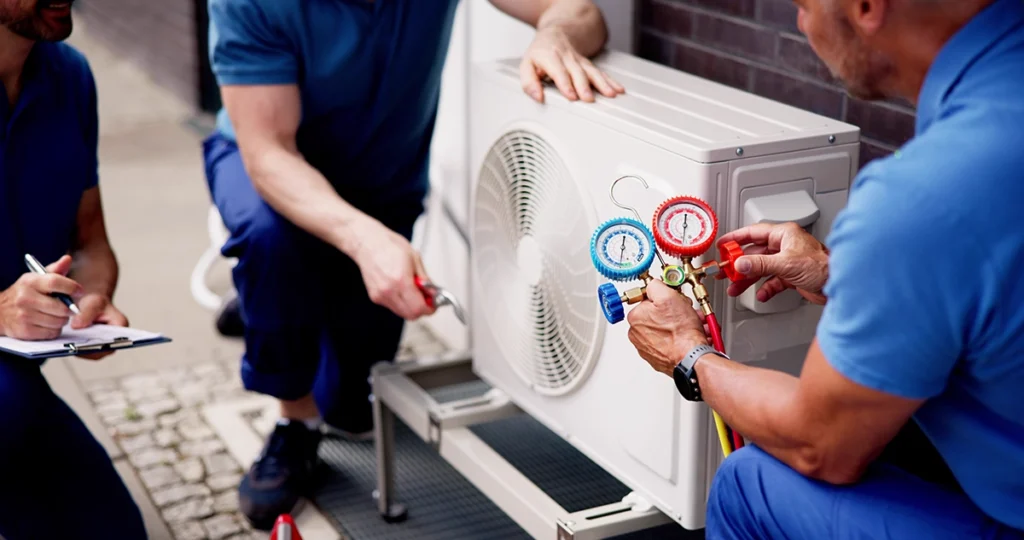 HVAC news updates featuring technicians servicing modern heating and cooling equipment